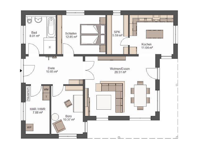 Massivhaus Terra von Bischoff Massivhaus Schlüsselfertig ab 265500€, Bungalow Grundriss 1