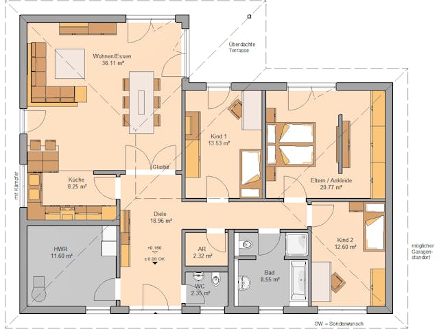 Massivhaus Bungalow Balance von Kern-Haus Schlüsselfertig ab 373900€, Bungalow Grundriss 1