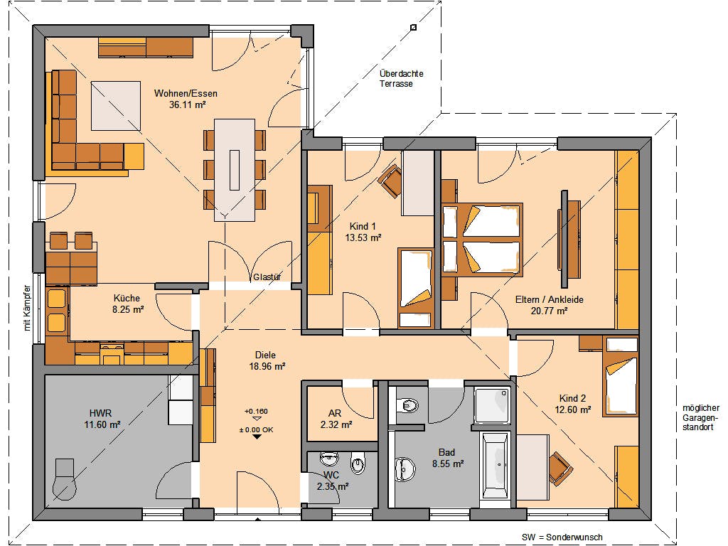 Massivhaus Bungalow Balance von Kern-Haus Schlüsselfertig ab 422900€, Bungalow Grundriss 1
