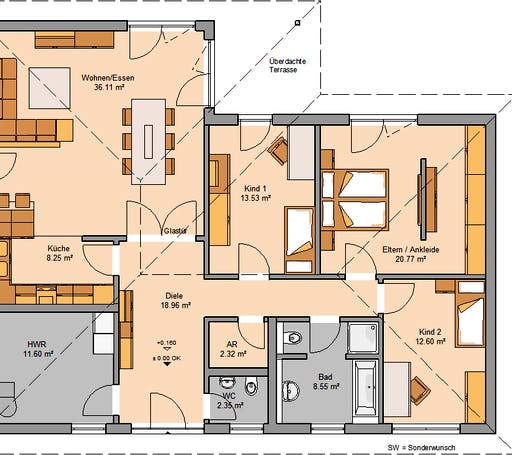 Massivhaus Bungalow Balance Klinker von Kern-Haus Schlüsselfertig ab 382900€, Bungalow Grundriss 1