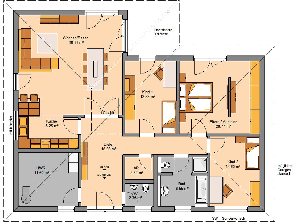 Massivhaus Bungalow Balance Klinker von Kern-Haus Schlüsselfertig ab 456900€, Bungalow Grundriss 1