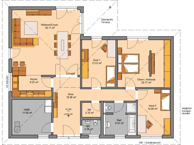 Massivhaus Bungalow Balance Klinker von Kern-Haus Schlüsselfertig ab 456900€, Bungalow Grundriss 1