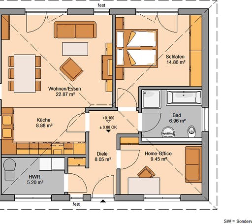 Massivhaus Bungalow Easy von Kern-Haus Schlüsselfertig ab 243900€, Bungalow Grundriss 1