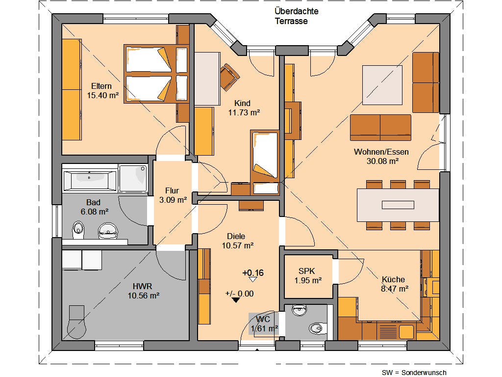 Massivhaus Bungalow Flair von Kern-Haus Schlüsselfertig ab 352900€, Bungalow Grundriss 1