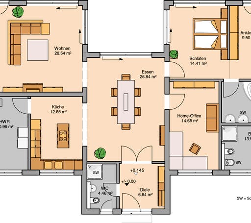 Massivhaus Bungalow Fokus von Kern-Haus Schlüsselfertig ab 457900€, Bungalow Grundriss 1