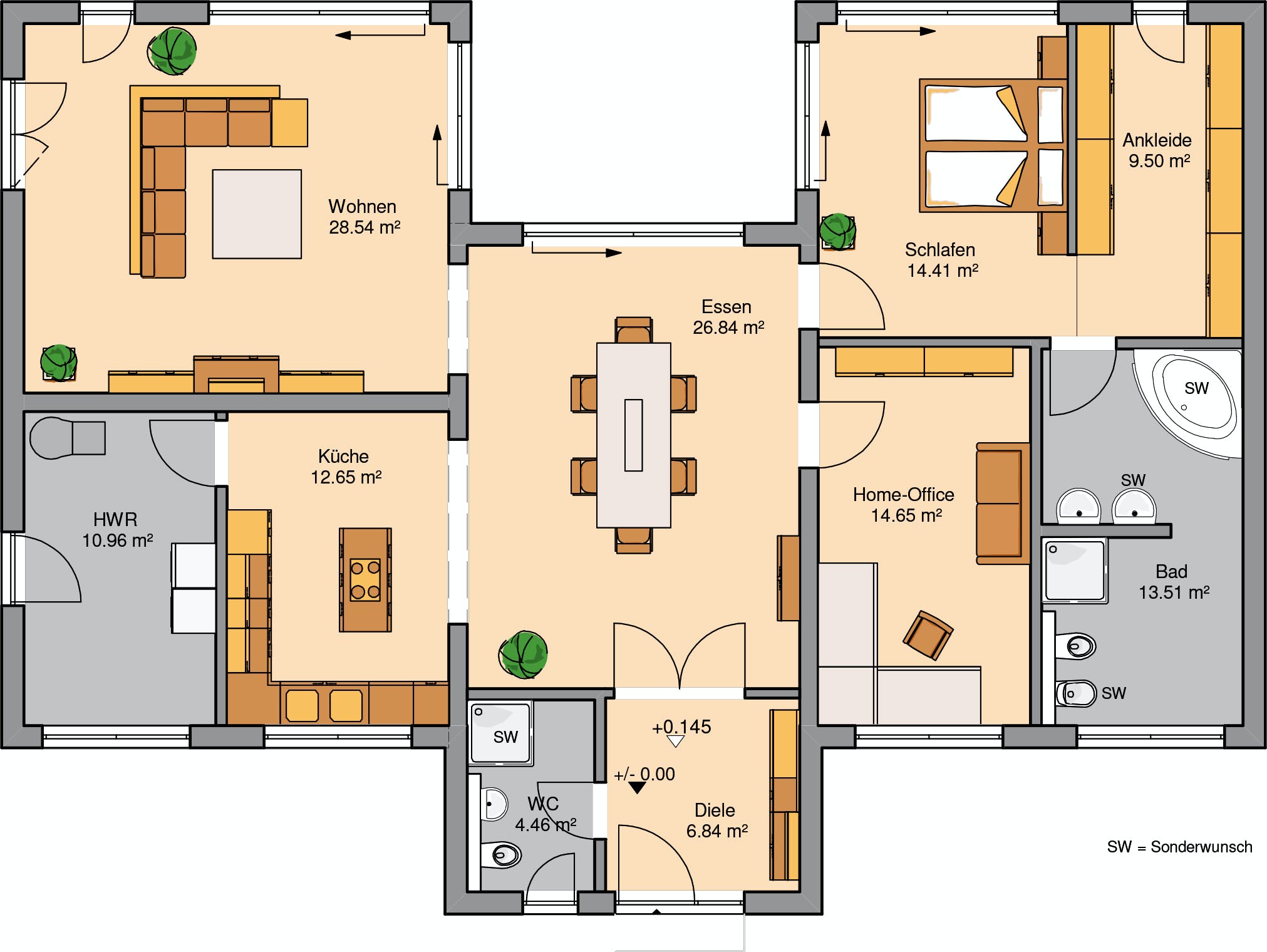 Massivhaus Bungalow Fokus von Kern-Haus Schlüsselfertig ab 556900€, Bungalow Grundriss 1