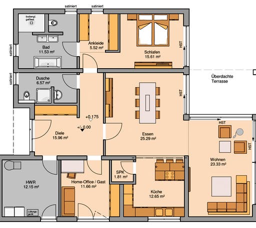 Massivhaus Bungalow Select von Kern-Haus Schlüsselfertig ab 464900€, Bungalow Grundriss 1