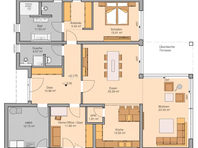 Massivhaus Bungalow Select von Kern-Haus Schlüsselfertig ab 464900€, Bungalow Grundriss 1 Massivhaus Bungalow Select von Kern-Haus Schlüsselfertig ab 464900€, Bungalow Grundriss 1