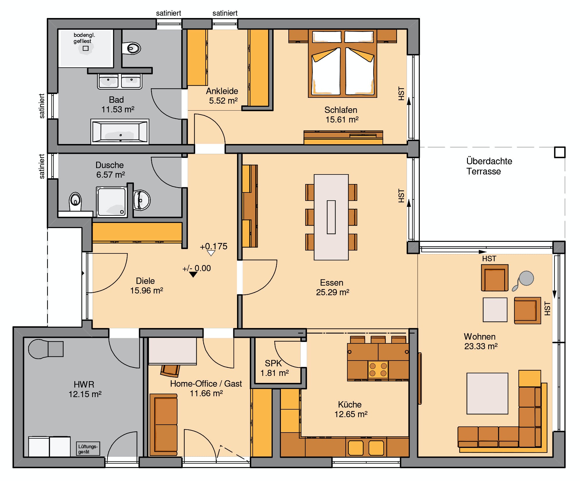 Massivhaus Bungalow Select von Kern-Haus Schlüsselfertig ab 519900€, Bungalow Grundriss 1