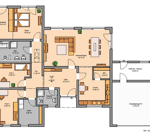 Massivhaus Bungalow Trio von Kern-Haus Schlüsselfertig ab 556900€, Bungalow Grundriss 1