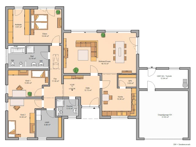 Massivhaus Bungalow Trio von Kern-Haus Schlüsselfertig ab 578900€, Bungalow Grundriss 1 Massivhaus Bungalow Trio von Kern-Haus Schlüsselfertig ab 578900€, Bungalow Grundriss 1
