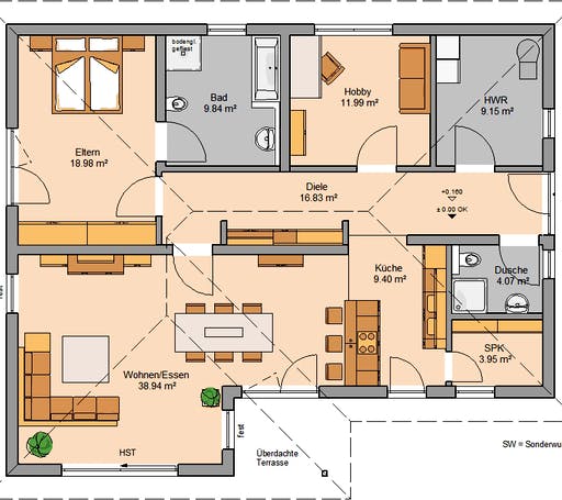 Massivhaus Bungalow Vita von Kern-Haus Schlüsselfertig ab 343900€, Bungalow Grundriss 1