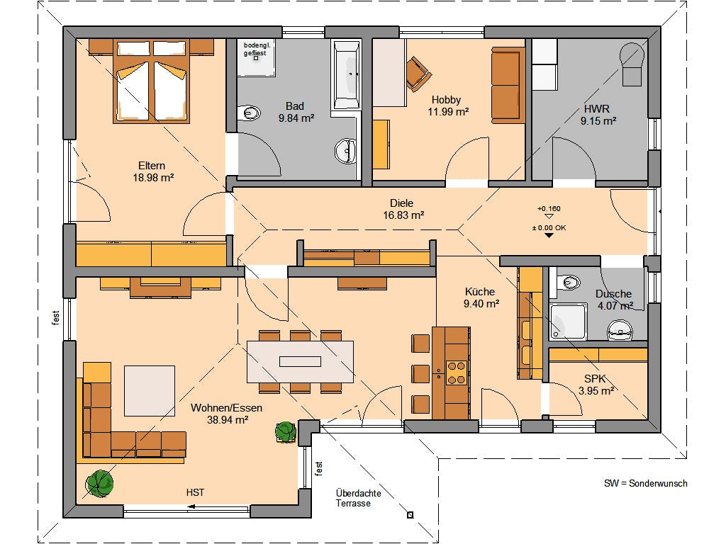 Massivhaus Bungalow Vita von Kern-Haus Schlüsselfertig ab 418900€, Bungalow Grundriss 1