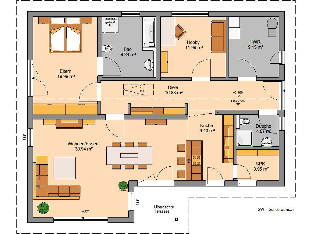 Massivhaus Bungalow Vita Pult von Kern-Haus Schlüsselfertig ab 449900€, Bungalow Grundriss 1