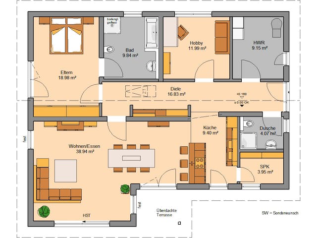 Massivhaus Bungalow Vita Pult von Kern-Haus Schlüsselfertig ab 427900€, Bungalow Grundriss 1