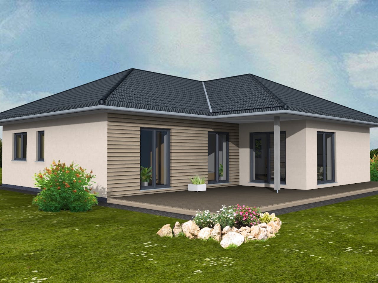 Fertighaus Bungalow 113 von Suckfüll Energiesparhaus Schlüsselfertig ab 364894€, Bungalow Außenansicht 1