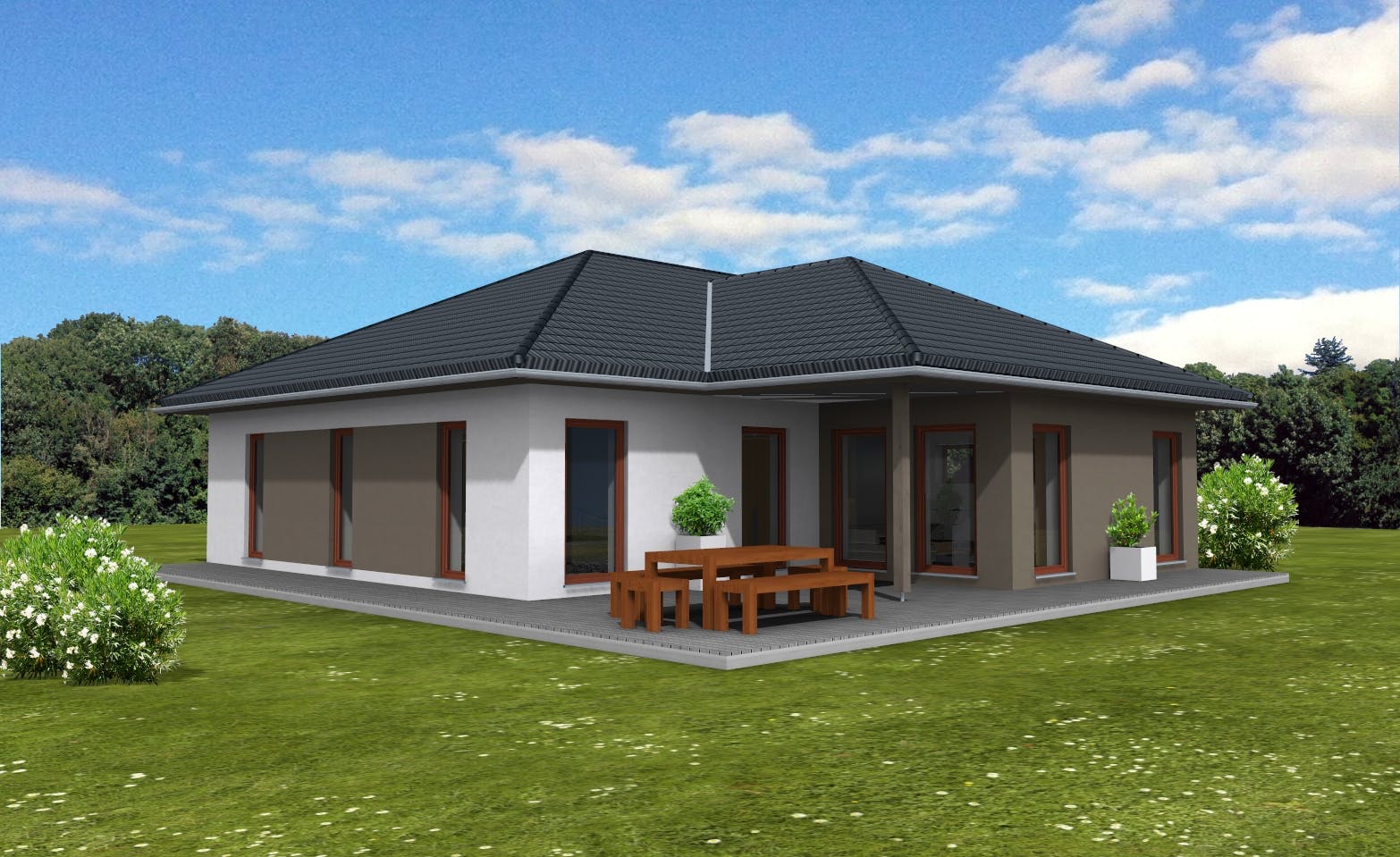 Fertighaus Bungalow 139 von Suckfüll Energiesparhaus Schlüsselfertig ab 373940€, Bungalow Außenansicht 1