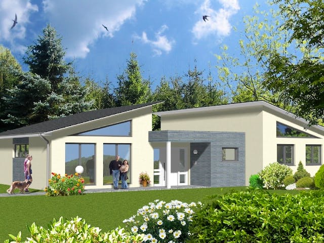 Fertighaus Designhaus von v. Perbandt Holzbau Schlüsselfertig ab 270000€, Bungalow Außenansicht 2