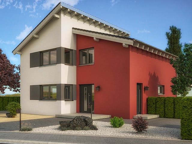 Massivhaus Pultdach versetzt 150 von Bauwerk Chemnitz Immobilien Schlüsselfertig ab 525000€, Pultdachhaus Außenansicht 1