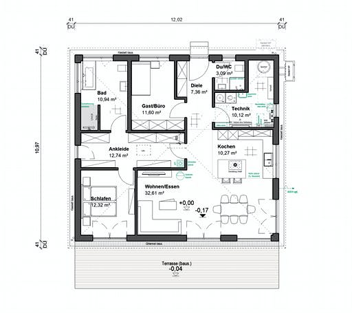 Fertighaus Goethestraße 111 - Walmdach von bauen.wiewir Schlüsselfertig ab 216900€, Bungalow Grundriss 1