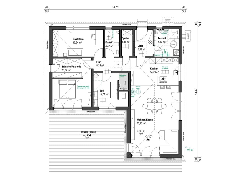 Fertighaus Lessingstraße 128 - Walmdach von bauen.WIEWIR Schlüsselfertig ab 324800€, Bungalow Grundriss 1