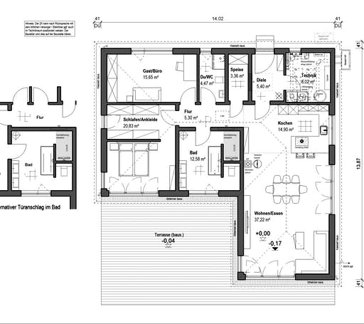 Fertighaus Lessingstraße 128 - Pultdach von bauen.wiewir Schlüsselfertig ab 293300€, Bungalow Grundriss 1