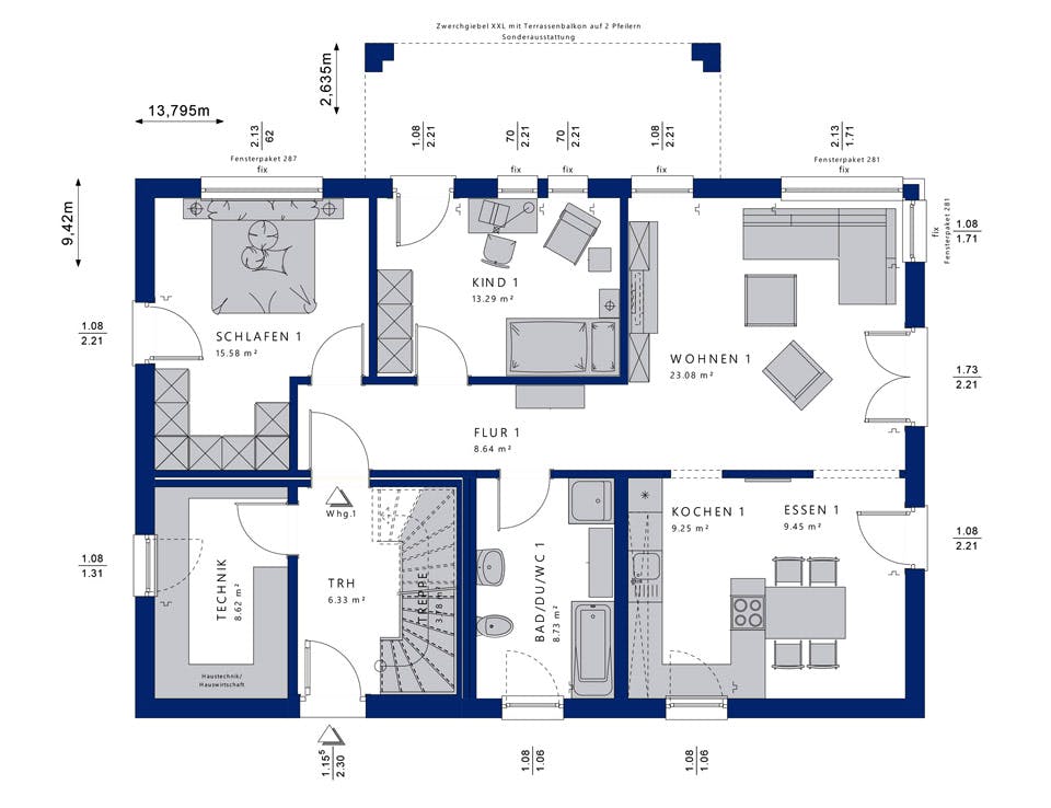 Fertighaus CELEBRATION 211 V3 von Bien-Zenker Schlüsselfertig ab 413598€, Satteldach-Klassiker Grundriss 1
