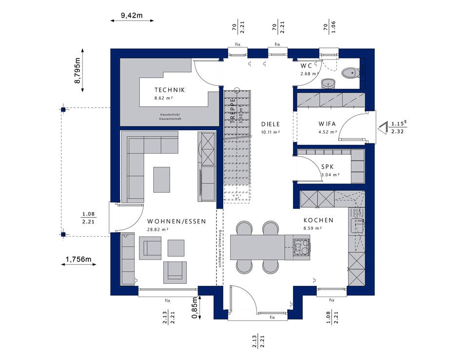 Fertighaus EDITION 134 V4 von Bien-Zenker Schlüsselfertig ab 289883€, Satteldach-Klassiker Grundriss 1
