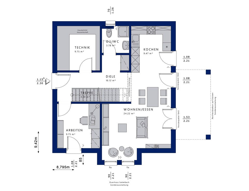 Fertighaus EVOLUTION 136 V2 von Bien-Zenker Schlüsselfertig ab 281558€, Satteldach-Klassiker Grundriss 1