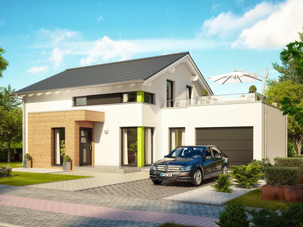 Fertighaus EVOLUTION 143 V5 von Bien-Zenker Schlüsselfertig ab 371613€, Satteldach-Klassiker Außenansicht 1