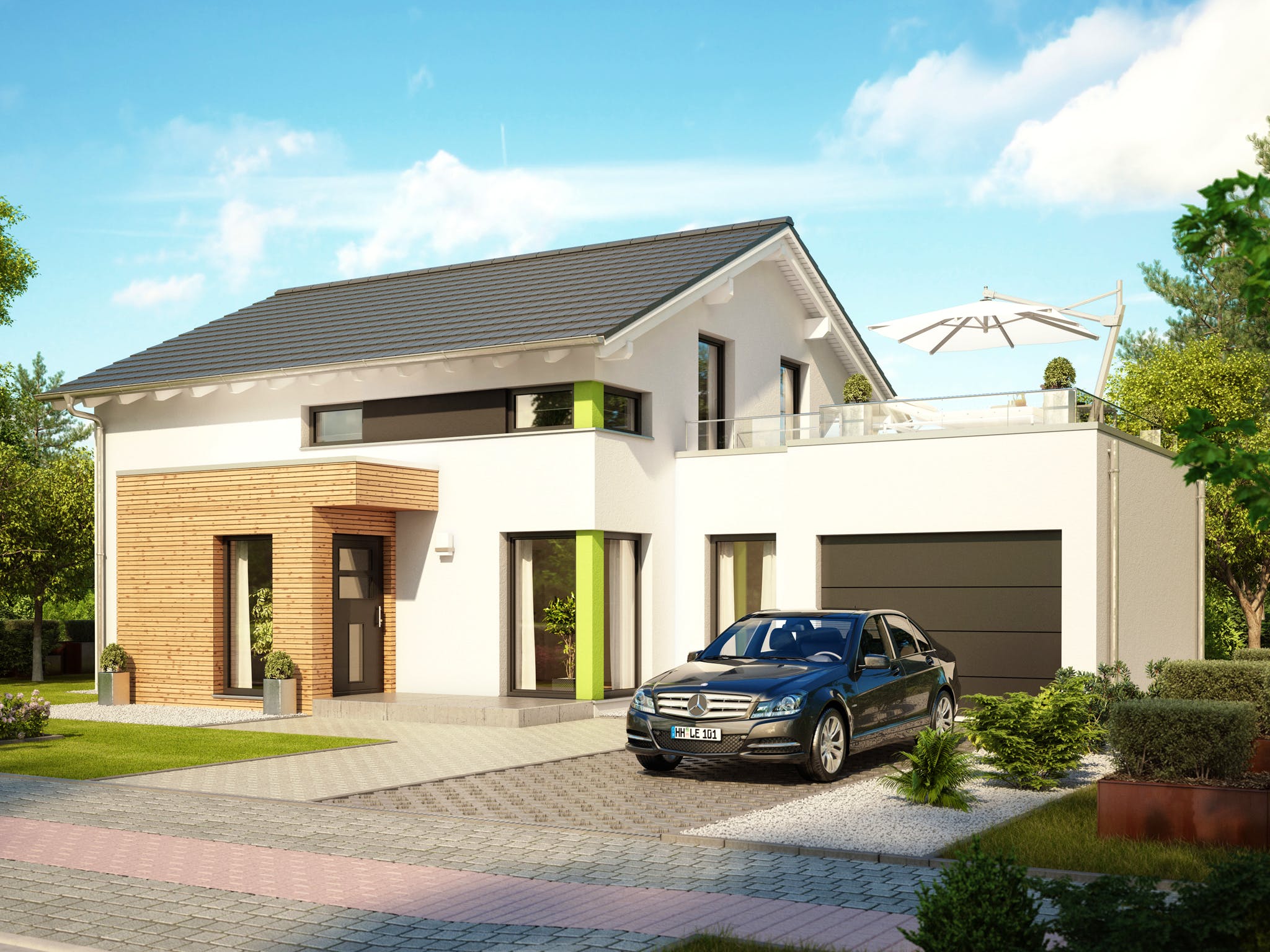 Fertighaus EVOLUTION 143 V5 von Bien-Zenker Schlüsselfertig ab 313391€, Satteldach-Klassiker Außenansicht 1