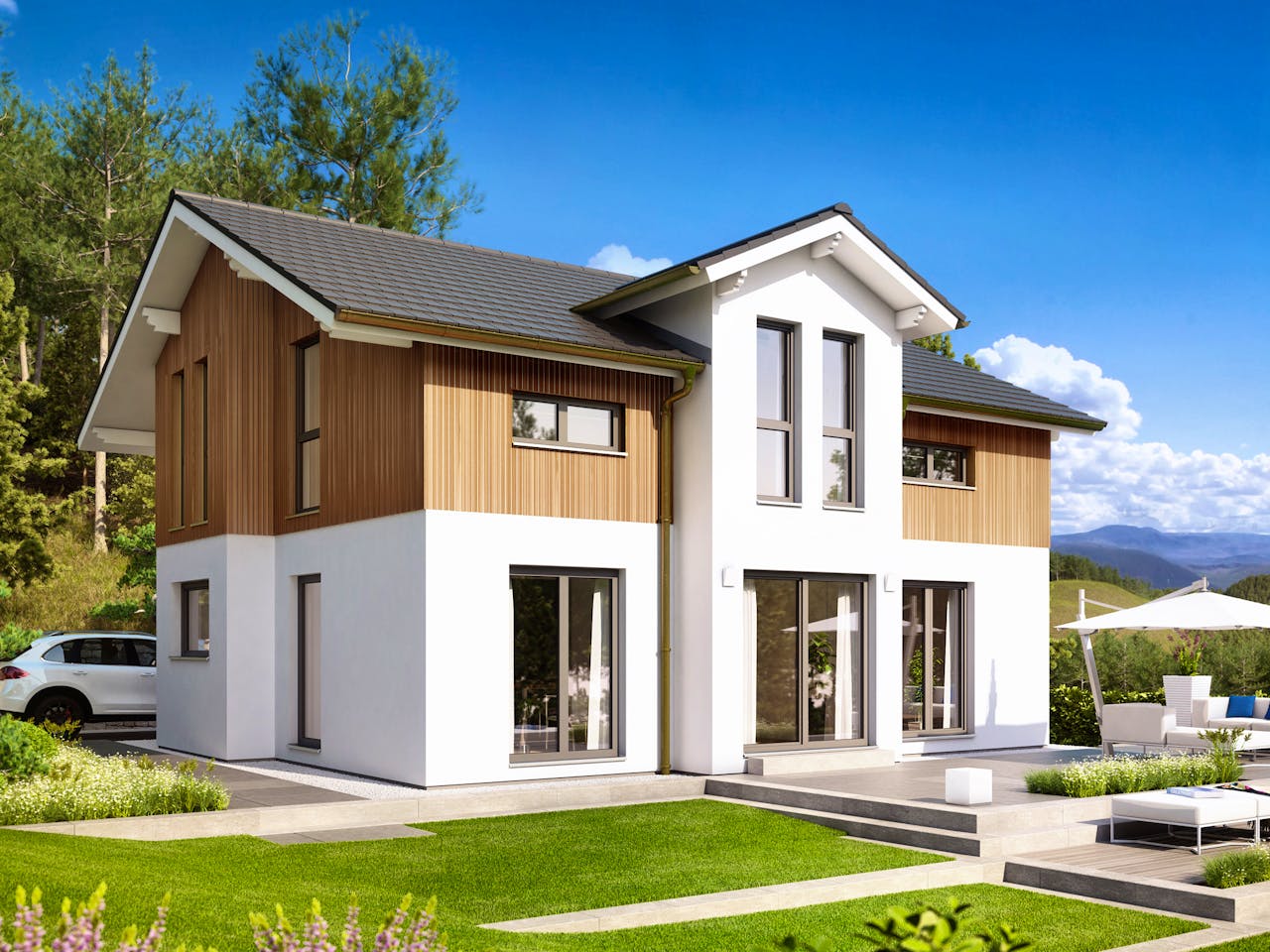 Fertighaus EVOLUTION 152 V4 von Bien-Zenker Schlüsselfertig ab 393800€, Satteldach-Klassiker Außenansicht 1