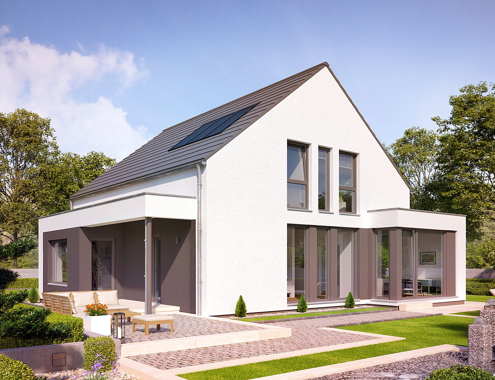Fertighaus EVOLUTION 163 V2 von Bien-Zenker Schlüsselfertig ab 346116€, Satteldach-Klassiker Außenansicht 1