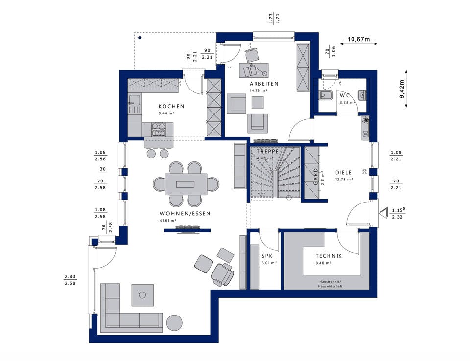 Fertighaus EVOLUTION 163 V2 von Bien-Zenker Schlüsselfertig ab 346116€, Satteldach-Klassiker Grundriss 1