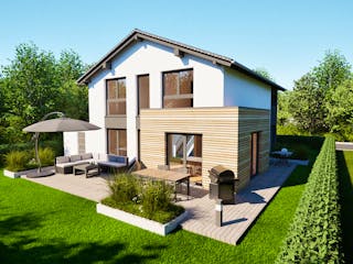 Massivhaus Entwurf SL157 von FAVORIT Massivhaus Schlüsselfertig ab 384834€, Satteldach-Klassiker Außenansicht 1