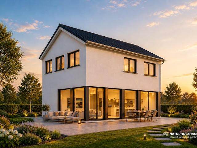 Fertighaus Einfamilienhaus Premium 152 von Naturholzhaus Bayern, Satteldach-Klassiker Außenansicht 1