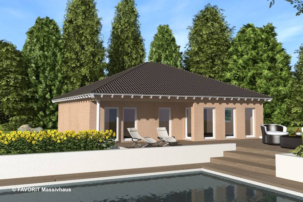 Massivhaus Chalet 111 von Favorit Massivhaus Schlüsselfertig ab 331550€, Bungalow Außenansicht 1