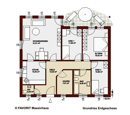 Massivhaus Chalet 111 von Favorit Massivhaus Schlüsselfertig ab 308400€, Bungalow Grundriss 1