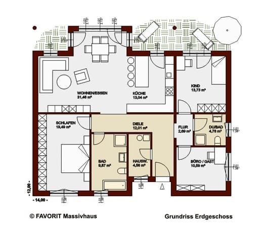 Massivhaus Chalet 122 von Favorit Massivhaus Schlüsselfertig ab 331940€, Bungalow Grundriss 1