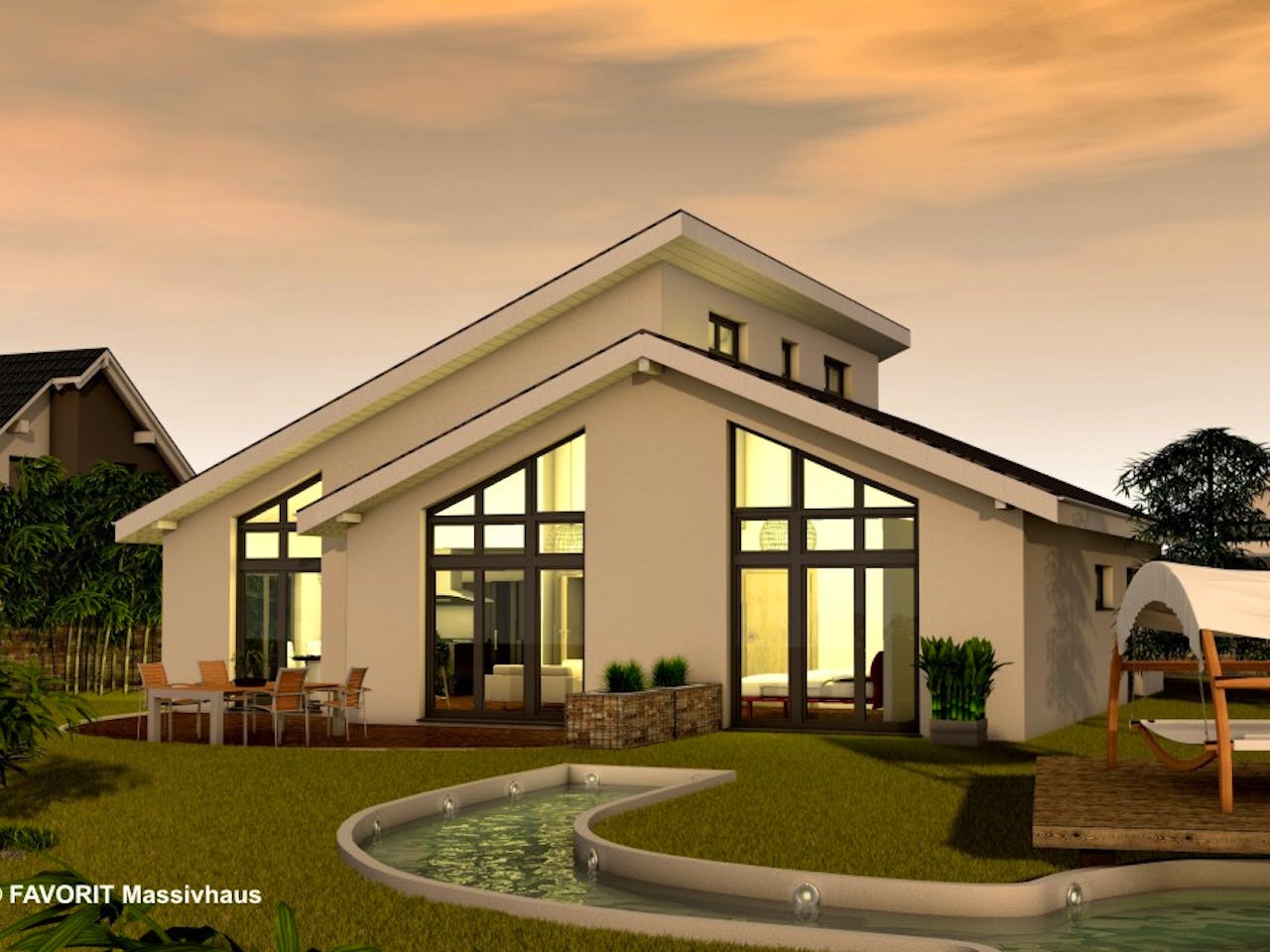 Massivhaus Chalet 132 von FAVORIT Massivhaus Schlüsselfertig ab 414390€, Bungalow Außenansicht 1