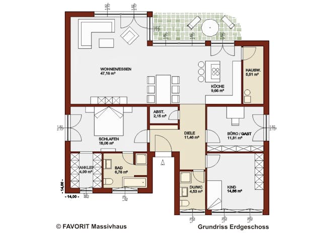 Massivhaus Chalet 135 von FAVORIT Massivhaus Schlüsselfertig ab 402560€, Bungalow Grundriss 1 Massivhaus Chalet 135 von FAVORIT Massivhaus Schlüsselfertig ab 402560€, Bungalow Grundriss 1