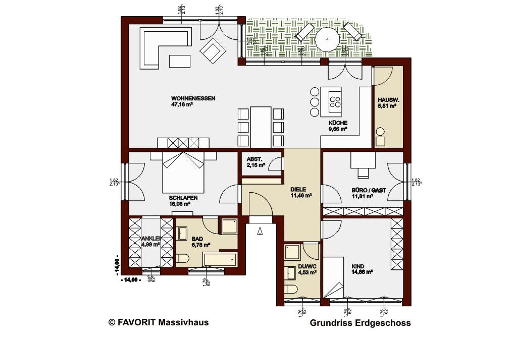 Massivhaus Chalet 135 von Favorit Massivhaus Schlüsselfertig ab 418660€, Bungalow Grundriss 1