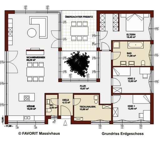 Massivhaus Chalet 153 von Favorit Massivhaus Schlüsselfertig ab 430590€, Bungalow Grundriss 1