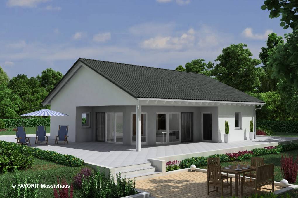 Massivhaus Chalet 91 von Favorit Massivhaus Schlüsselfertig ab 315770€, Bungalow Außenansicht 1