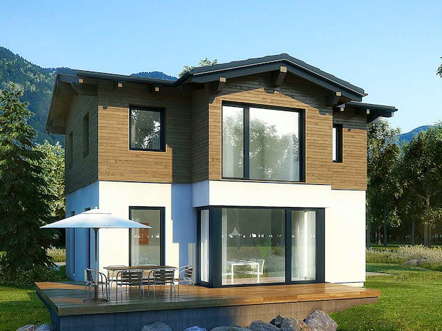 Blockhaus Charme 117 von Rubner Haus AT Schlüsselfertig ab 310000€, Stadtvilla Außenansicht 1