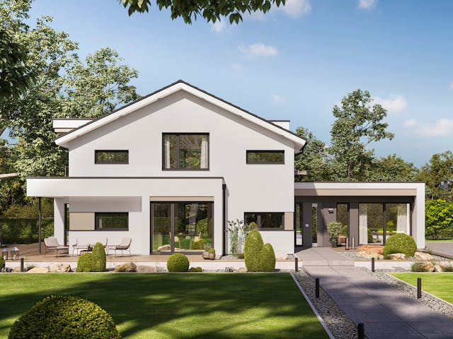 Musterhaus in Thüringen: Modernes Satteldachhaus mit PV-Anlage, Standerker & Kubusanbau von Bien-Zenker in der UNGER-Park Musterhausausstellung Erfurt