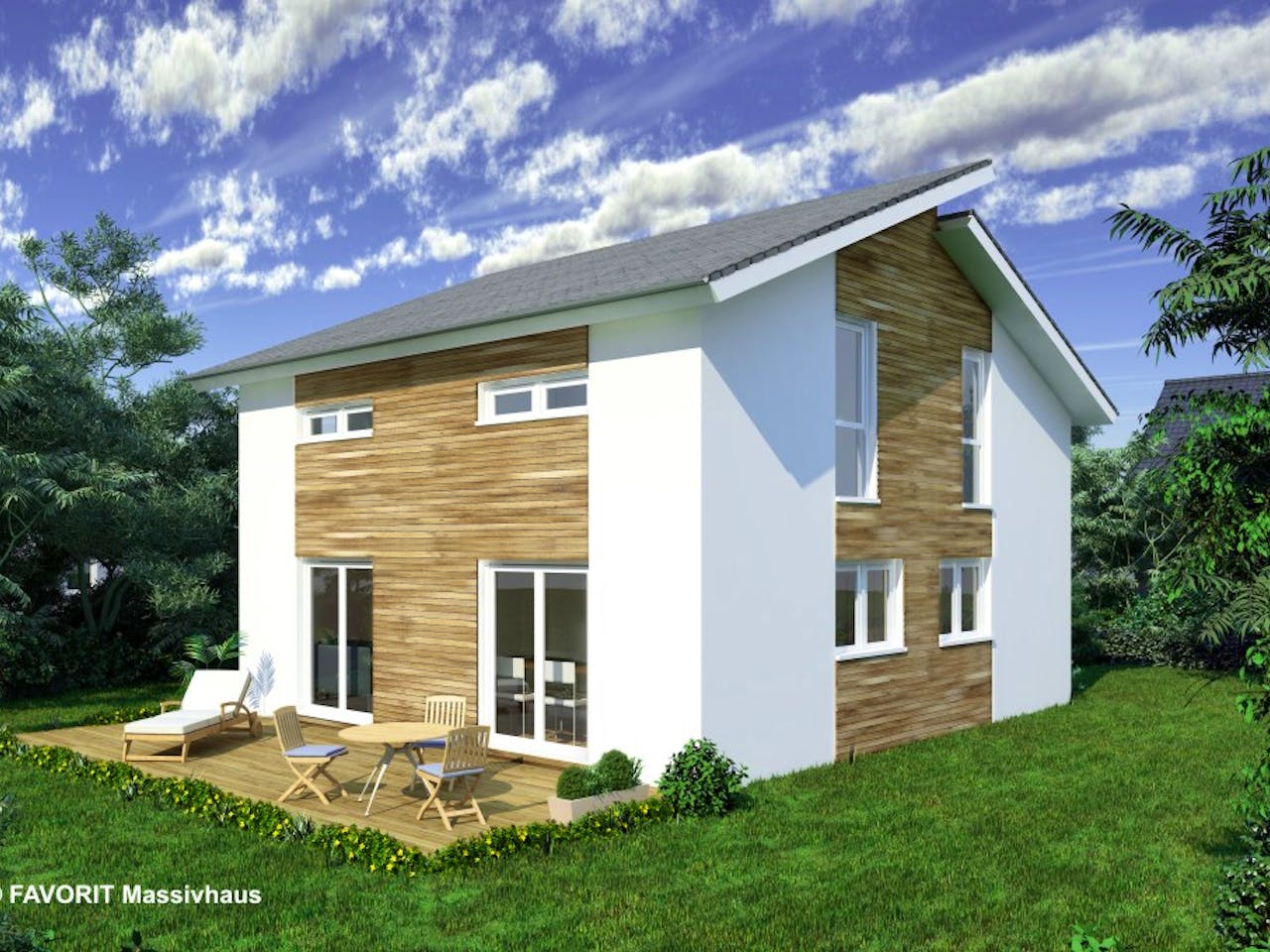 Massivhaus Creativ Sun 116 von FAVORIT Massivhaus Schlüsselfertig ab 302280€, Pultdachhaus Außenansicht 1