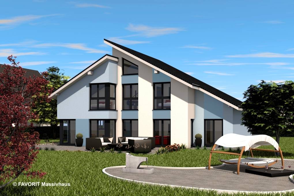 Massivhaus Creativ Sun 183 von Favorit Massivhaus Schlüsselfertig ab 506410€, Pultdachhaus Außenansicht 1