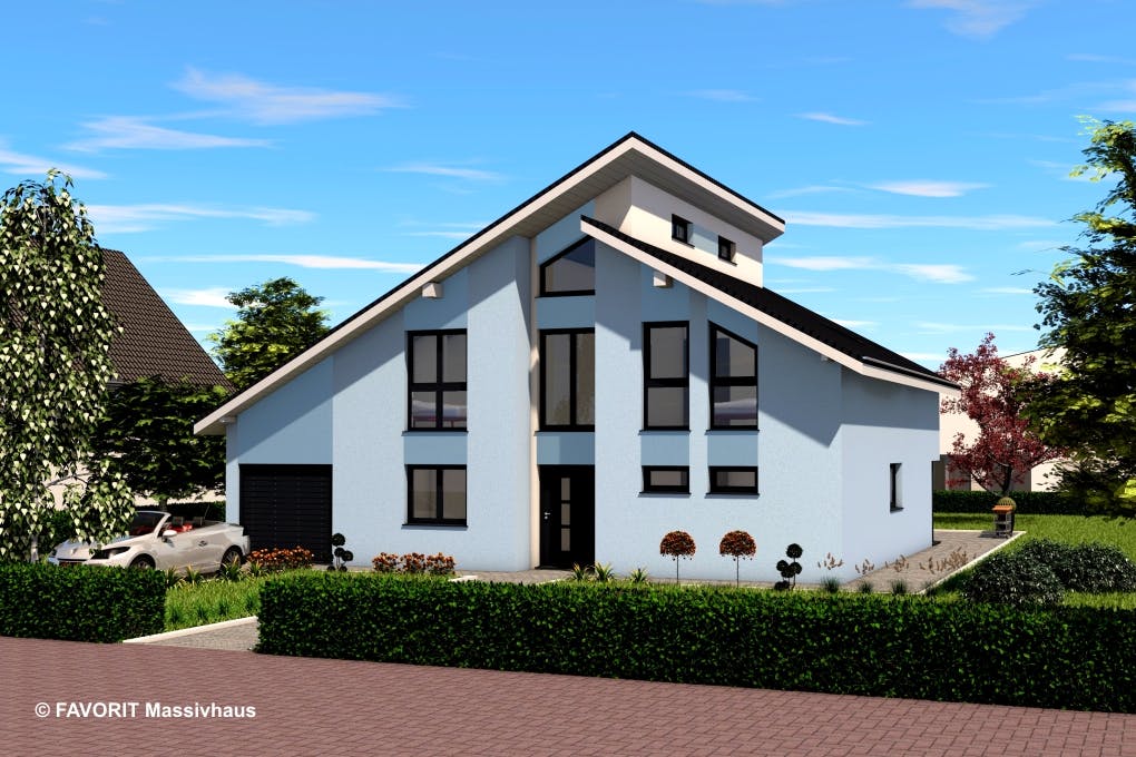 Massivhaus Creativ Sun 183 von Favorit Massivhaus Schlüsselfertig ab 506410€, Pultdachhaus Außenansicht 2