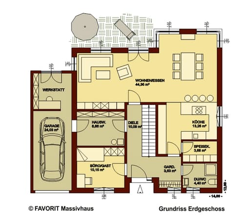 Massivhaus Creativ Sun 183 von Favorit Massivhaus Schlüsselfertig ab 477620€, Pultdachhaus Grundriss 1